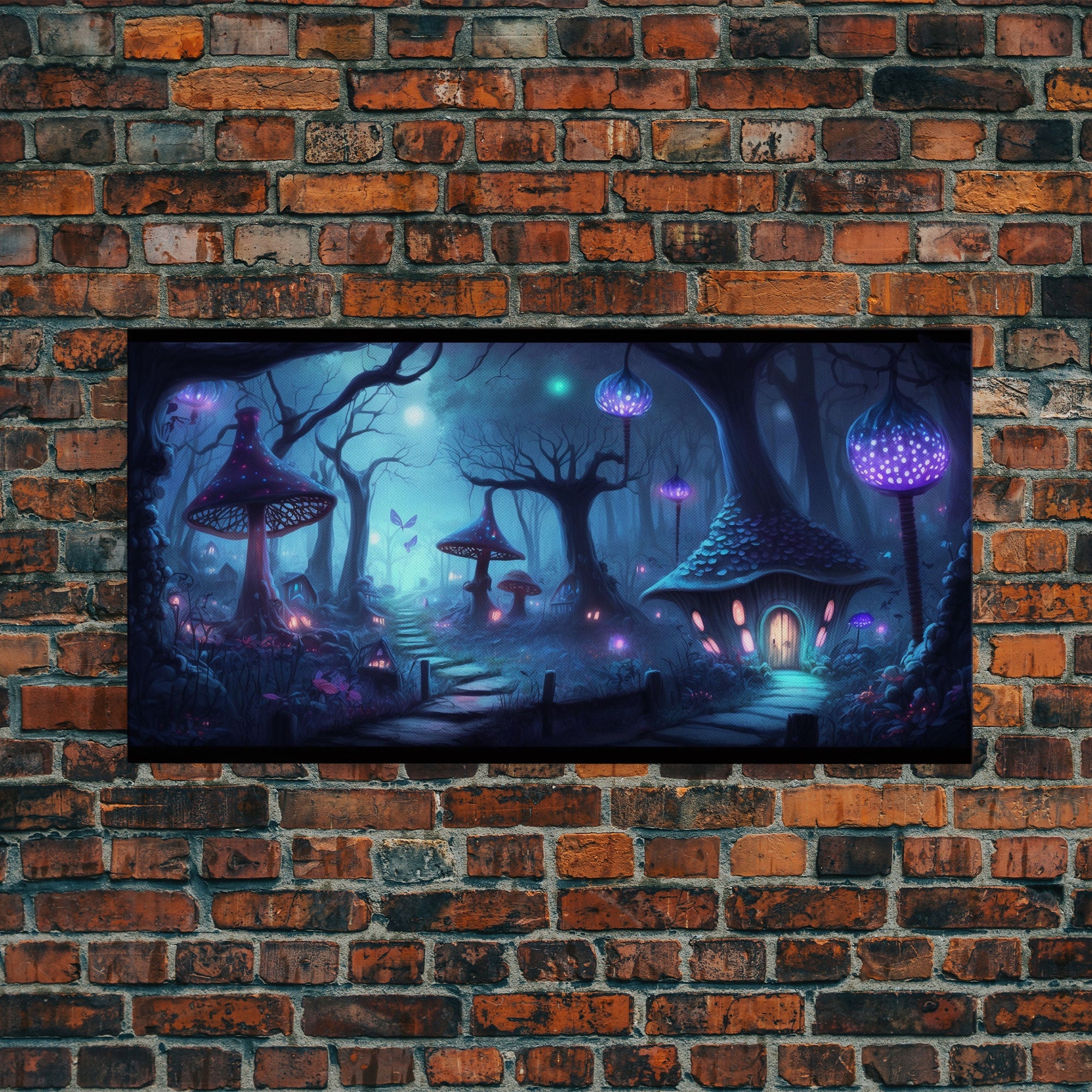 Magical Mushroom Fantasy Forest Wall Art, Framed Canvas Print, Game Room Art, Fantasy Decor